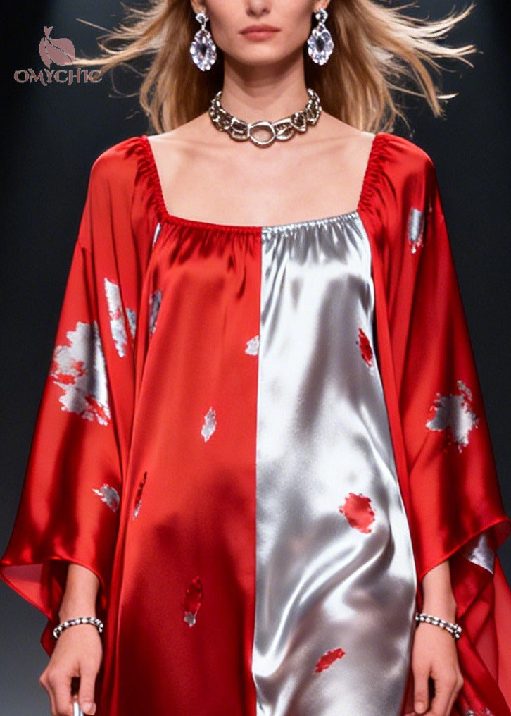 French Red Asymmetrical Patchwork Print Chiffon Maxi Dress Summer - View 2