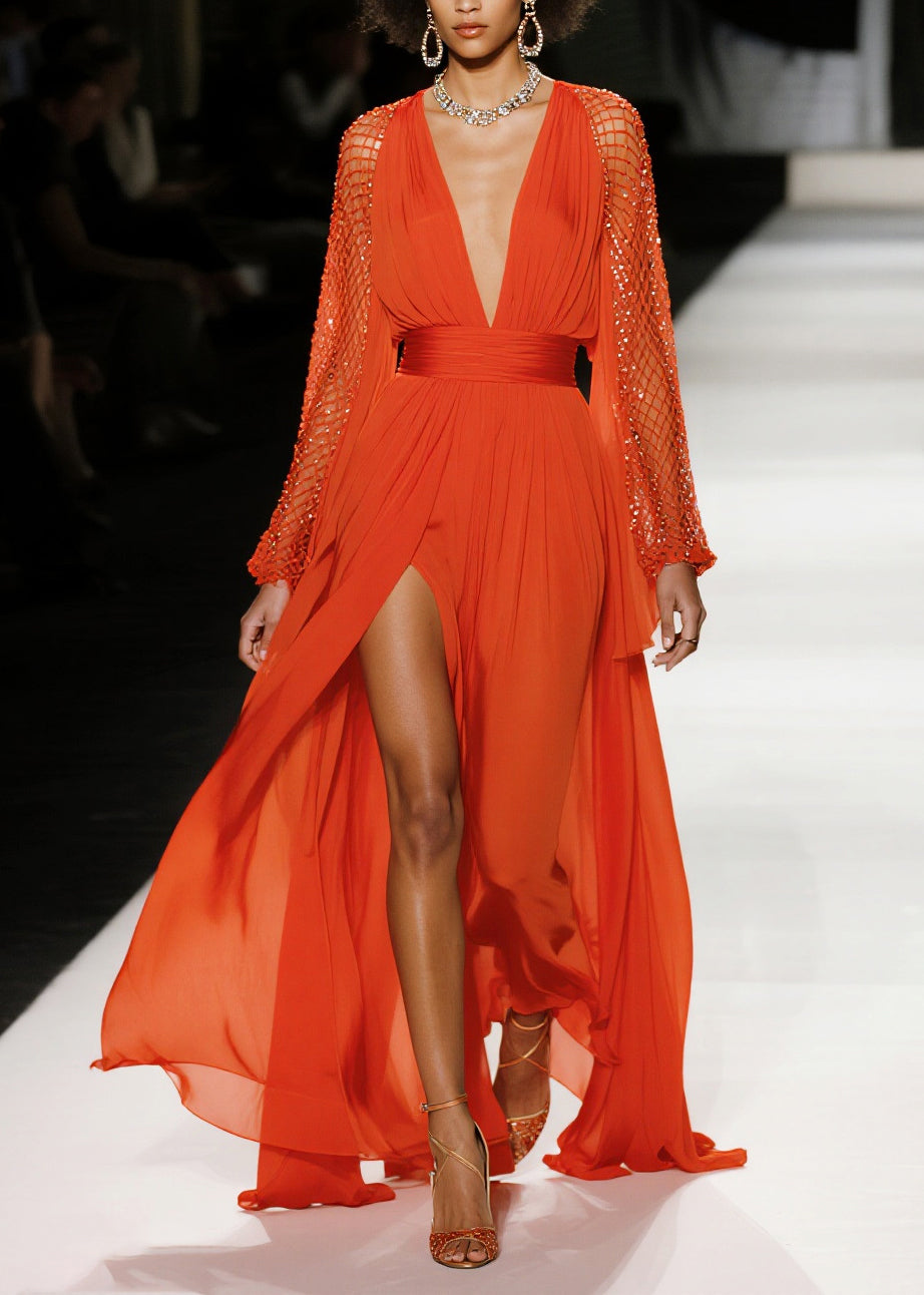 Sequin Mesh Bell Sleeve Deep V-Neck Ruched Waist High Split Maxi Gown