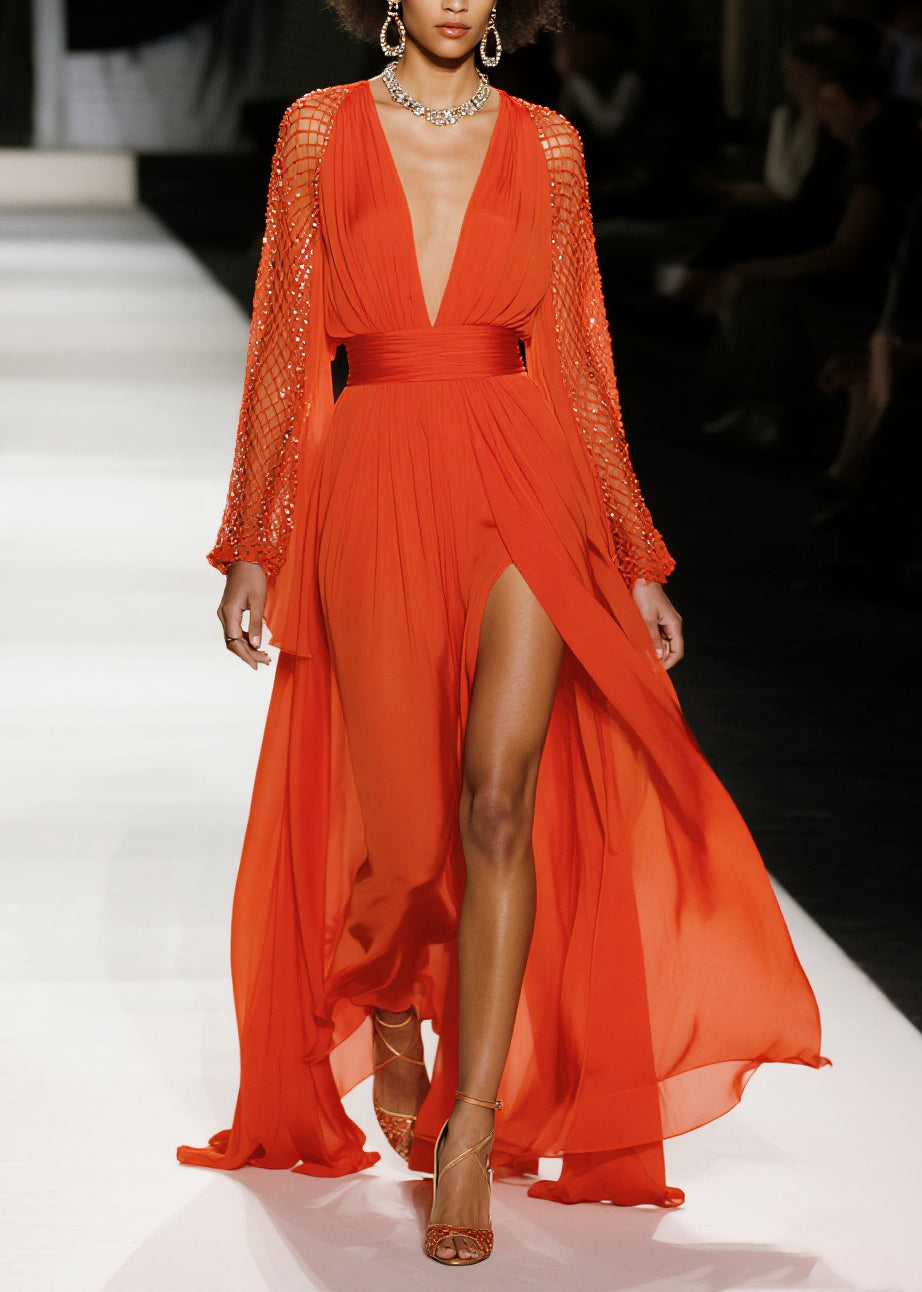 Sequin Mesh Bell Sleeve Deep V-Neck Ruched Waist High Split Maxi Gown