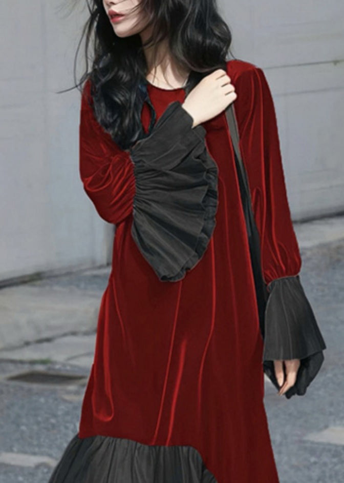 Velvet Round Neck Long Sleeve Chiffon Ruffle Cuff Hem Midi Dress