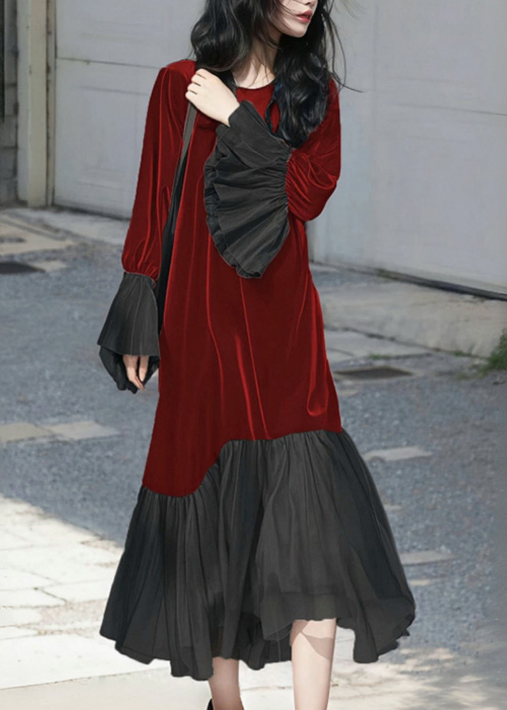 Velvet Round Neck Long Sleeve Chiffon Ruffle Cuff Hem Midi Dress