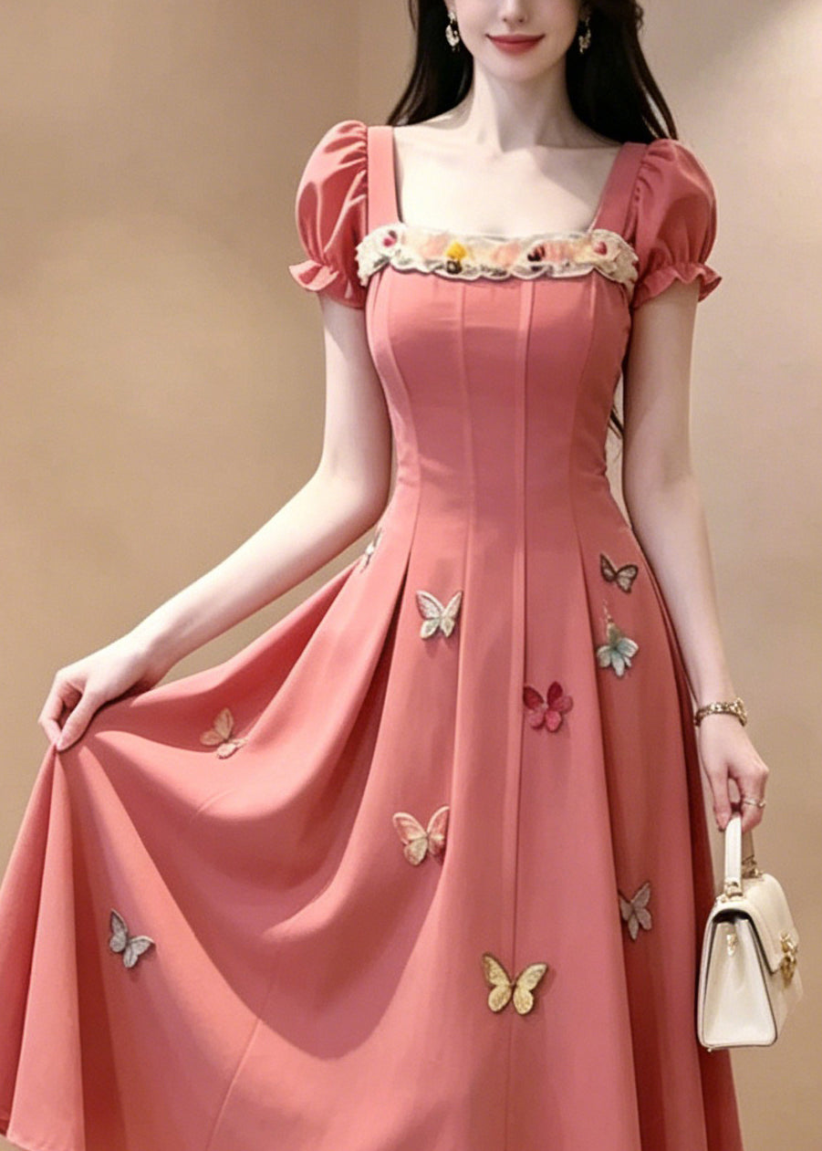 French Red Square Collar Butterfly Maxi Dress Summer