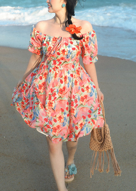 French Red Square Collar Print Cotton Mini Dress Summer