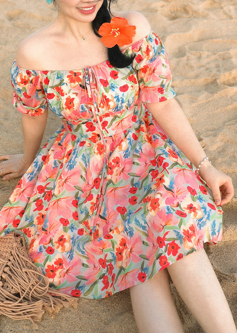 French Red Square Collar Print Cotton Mini Dress Summer