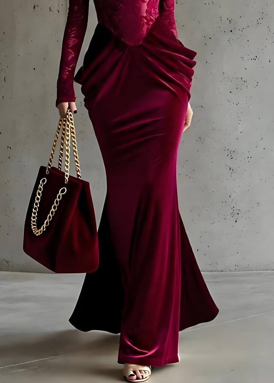 Velvet Lace Long Sleeve Sweetheart Neck Sculpted Hip Mermaid Gown