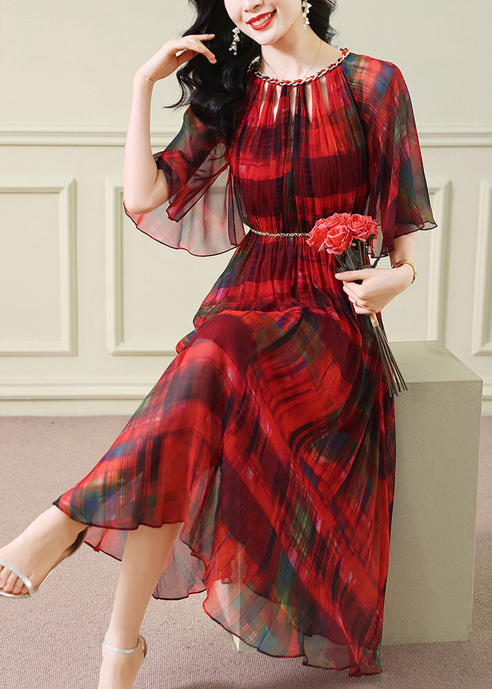 Pleated Chiffon Chain Trim Crew Neck Bell Sleeve Belted Midi Dress
