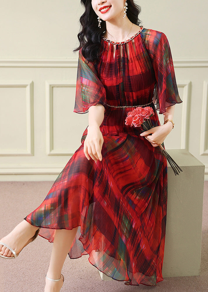 Pleated Chiffon Chain Trim Crew Neck Bell Sleeve Belted Midi Dress