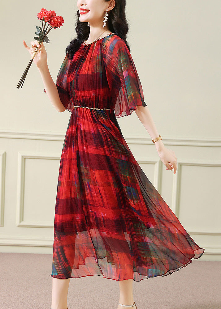 Pleated Chiffon Chain Trim Crew Neck Bell Sleeve Belted Midi Dress