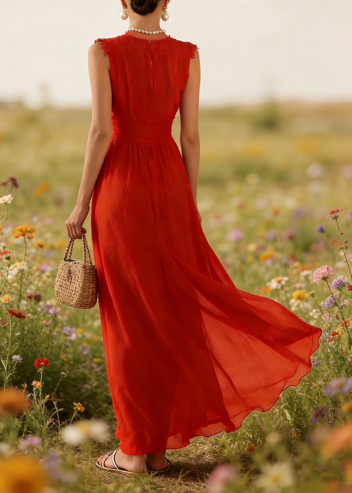 Lace Trim V-Neck Sleeveless Gathered Waist Flowy Maxi Dress 2