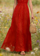 French Red V Neck Lace Patchwork Cotton Maxi Dress Summer 4