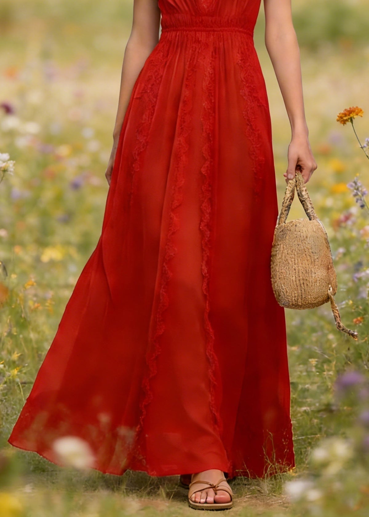 Lace Trim V-Neck Sleeveless Gathered Waist Flowy Maxi Dress 4