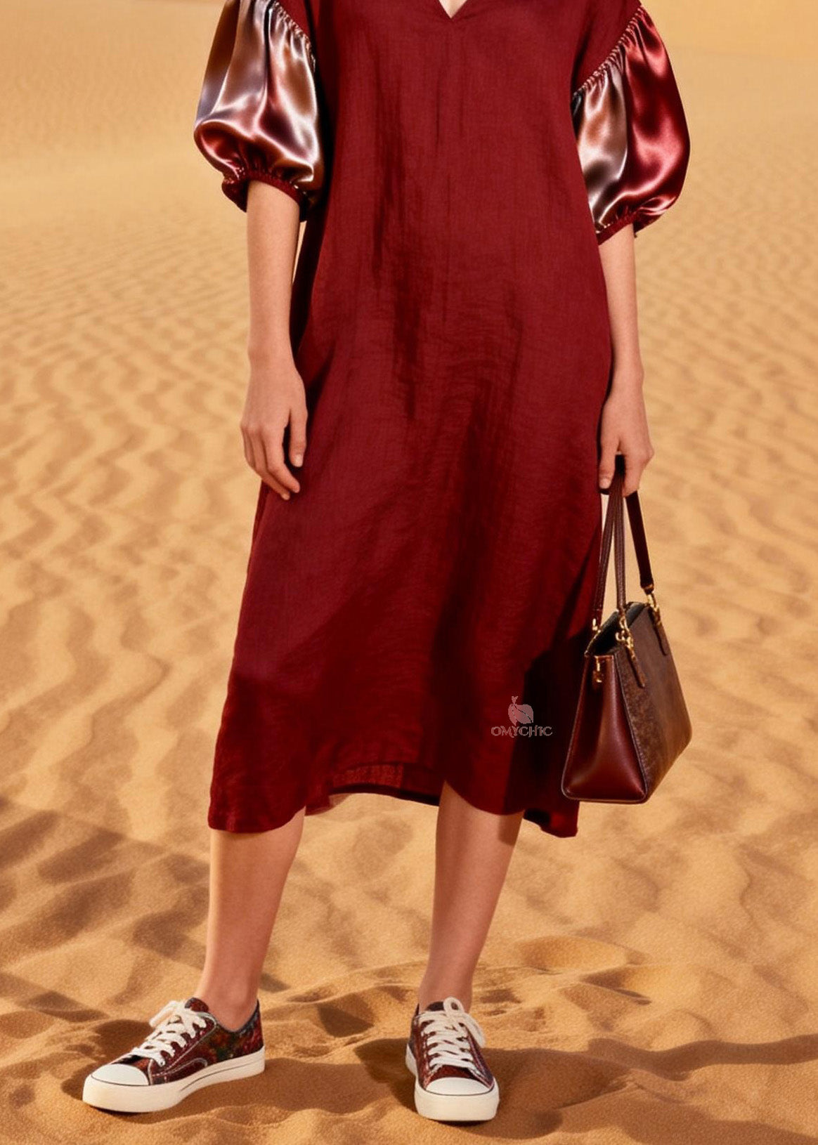 V-Neck Satin Puff Sleeve Woven Shift Midi Dress