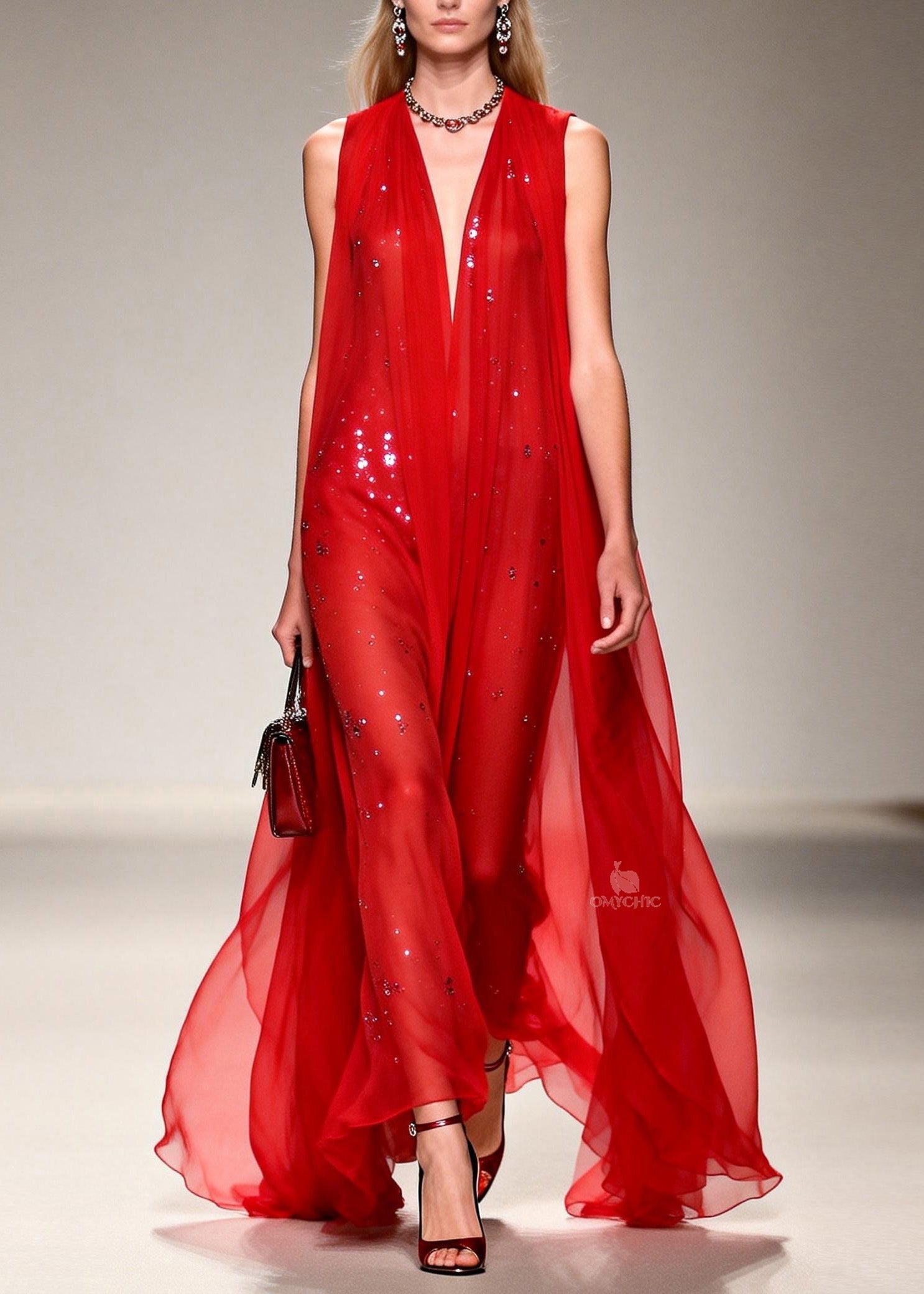 Sequin Deep V-Neck Sheer Cape Overlay Sleeveless Maxi Gown