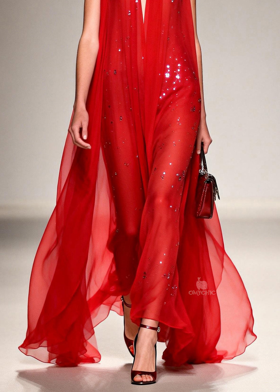 Sequin Deep V-Neck Sheer Cape Overlay Sleeveless Maxi Gown