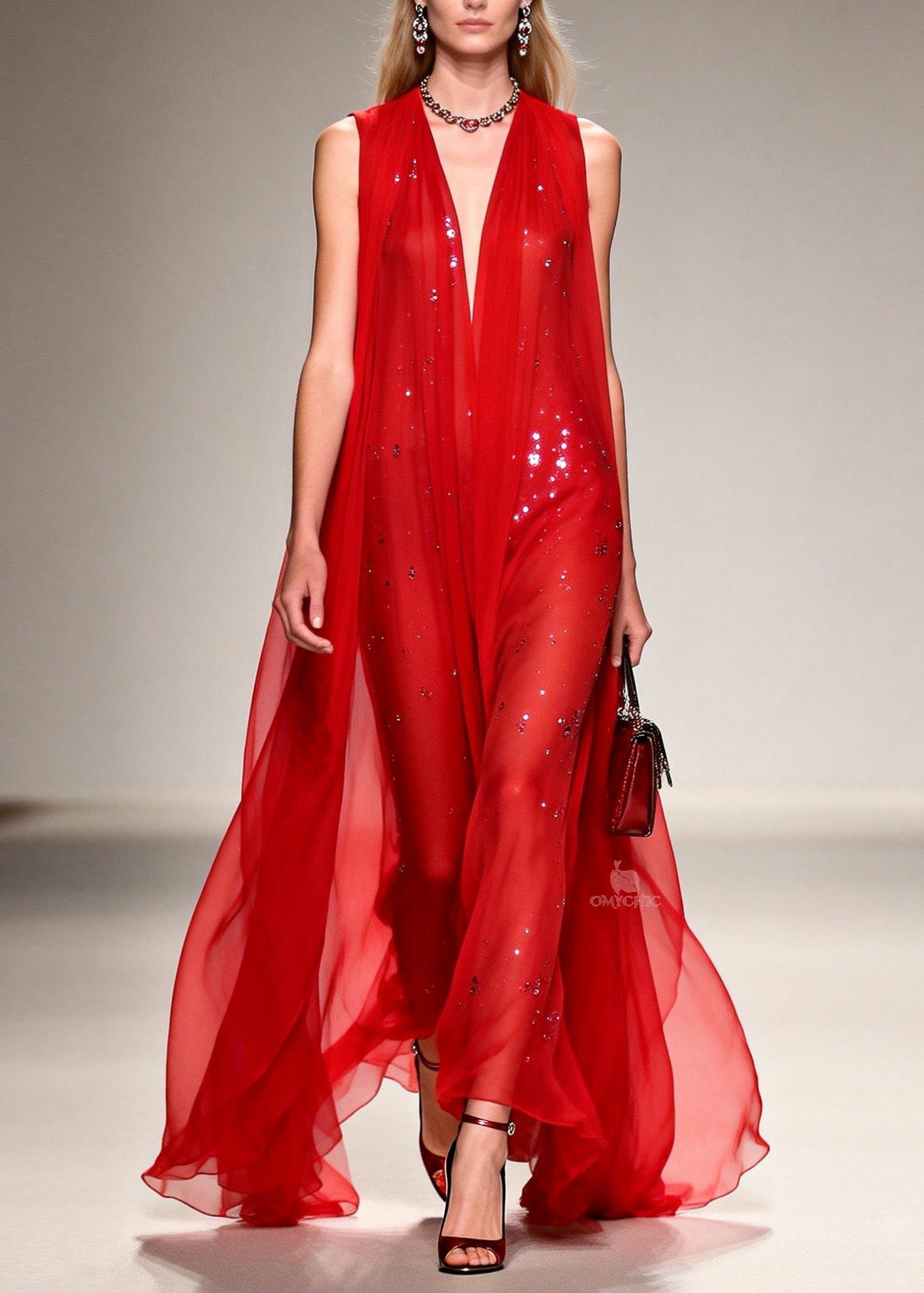 Sequin Deep V-Neck Sheer Cape Overlay Sleeveless Maxi Gown