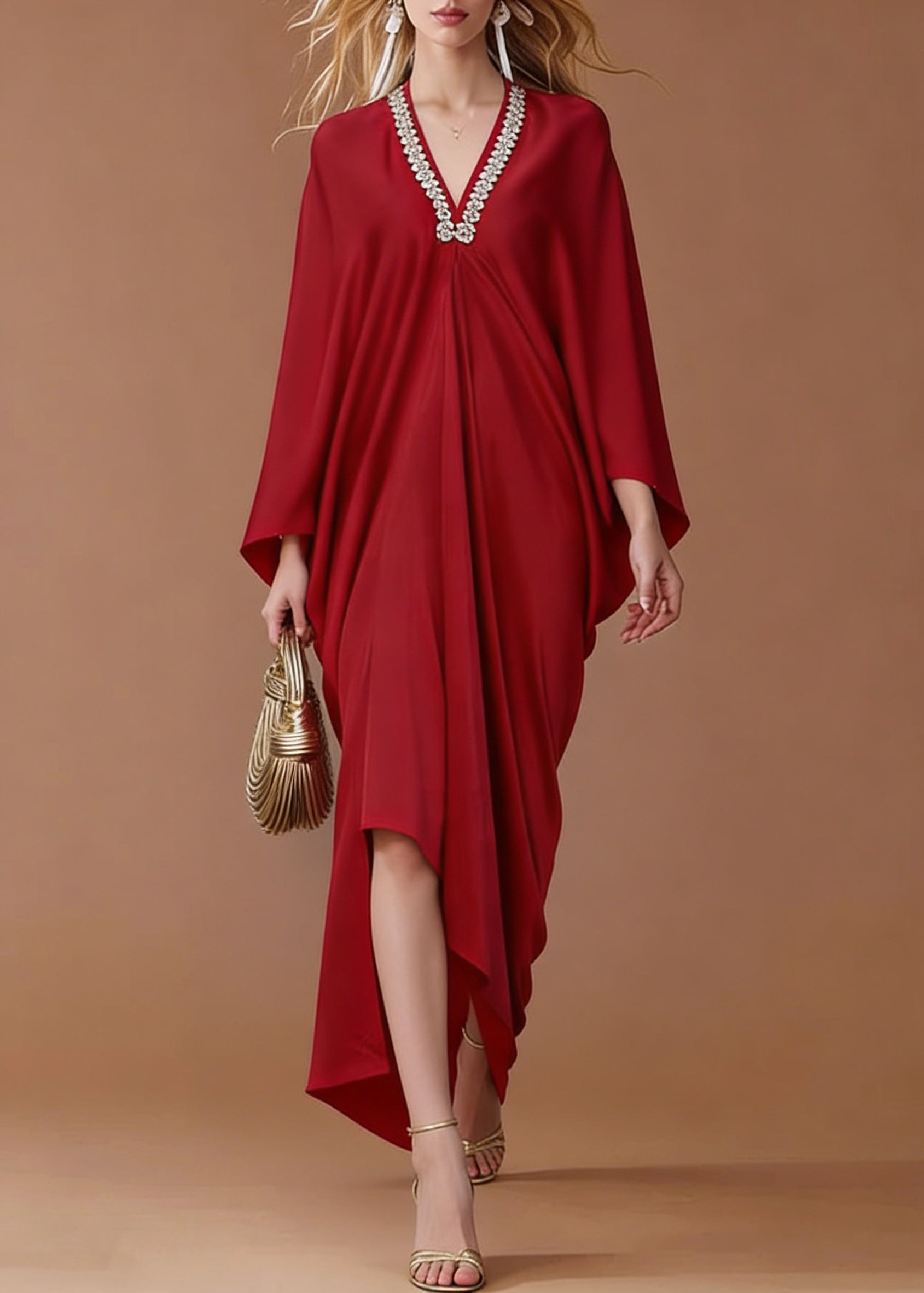 Satin Rhinestone Deep V-Neck Batwing Sleeve High Low Kaftan Gown