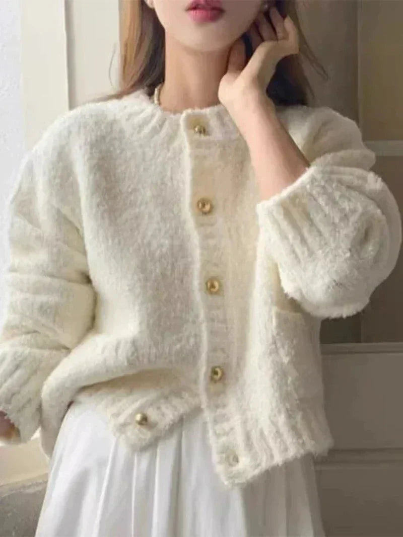 Crew Neck Button Front Patch Pocket Fuzzy Knit Cardigan