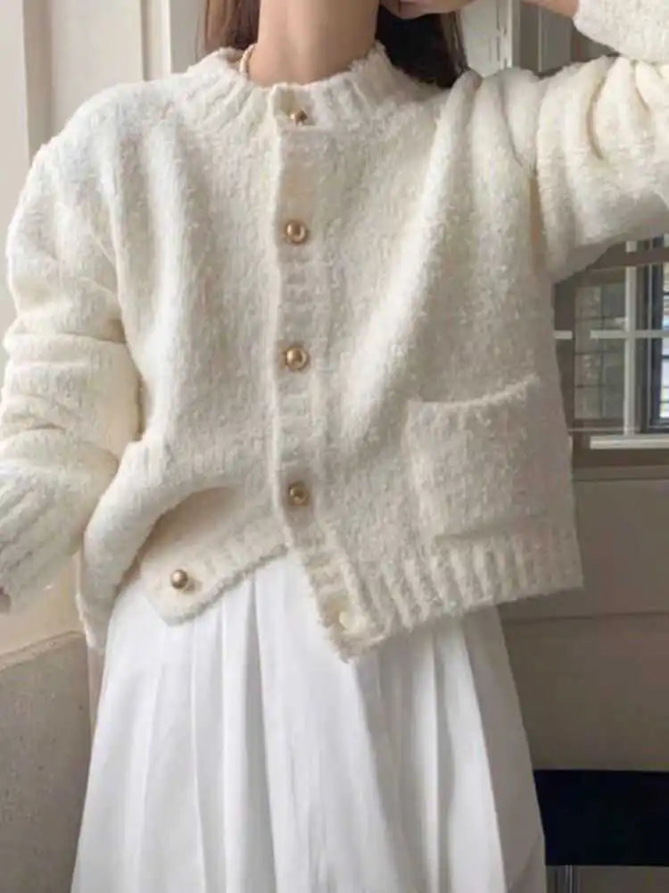 Crew Neck Button Front Patch Pocket Fuzzy Knit Cardigan 2