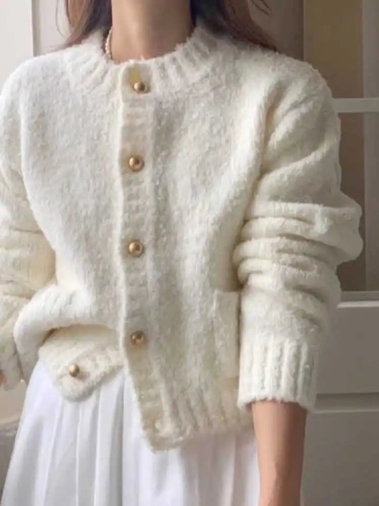 Crew Neck Button Front Patch Pocket Fuzzy Knit Cardigan 4