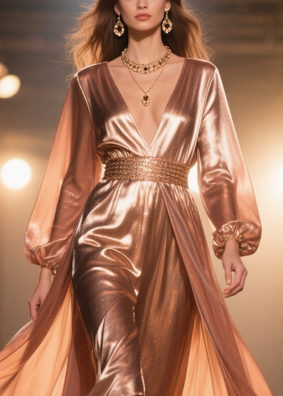 Metallic Deep V-Neck Long Sleeve Sequin Waist High Low Maxi Gown