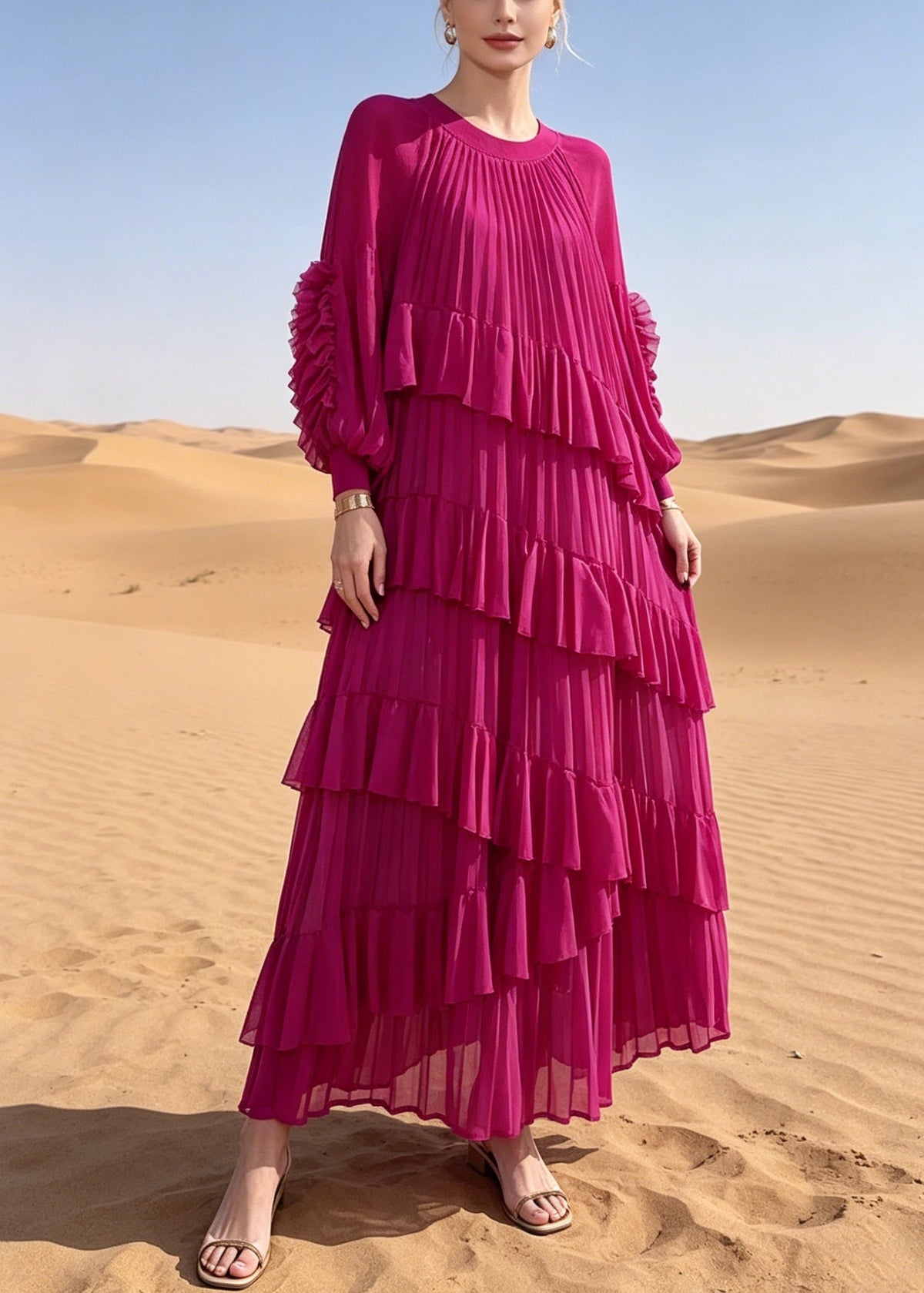 Pleated Chiffon Round Neck Long Sleeve Tiered Ruffle Loose Maxi Dress 5
