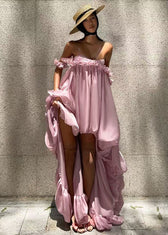 French Rose Ruffled Low High Design Chiffon Strapless Dresses Summer