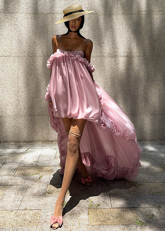 French Rose Ruffled Low High Design Chiffon Strapless Dresses Summer 2