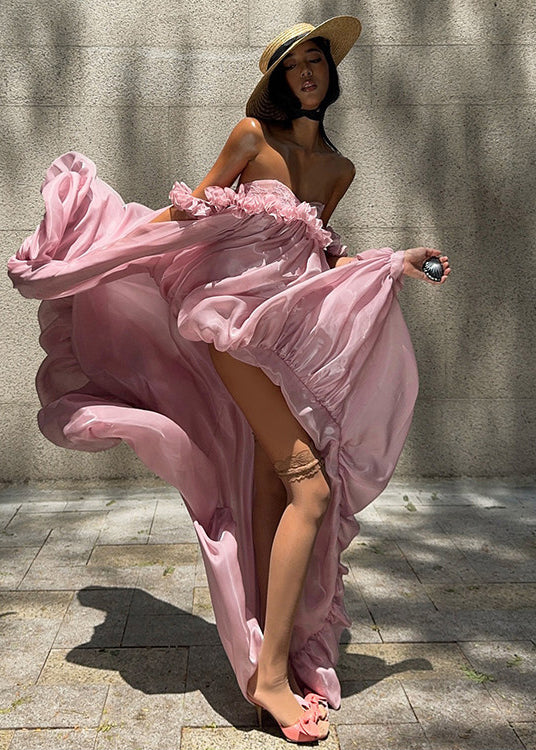 French Rose Ruffled Low High Design Chiffon Strapless Dresses Summer 3