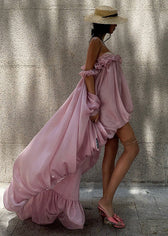French Rose Ruffled Low High Design Chiffon Strapless Dresses Summer 4