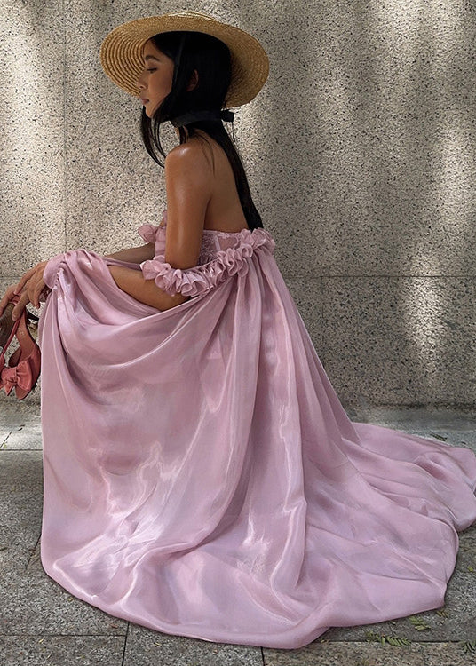 French Rose Ruffled Low High Design Chiffon Strapless Dresses Summer 5