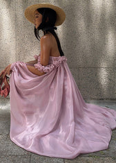 French Rose Ruffled Low High Design Chiffon Strapless Dresses Summer 5
