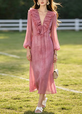 French Rose Ruffled Tie Dye Chiffon Dresses Summer