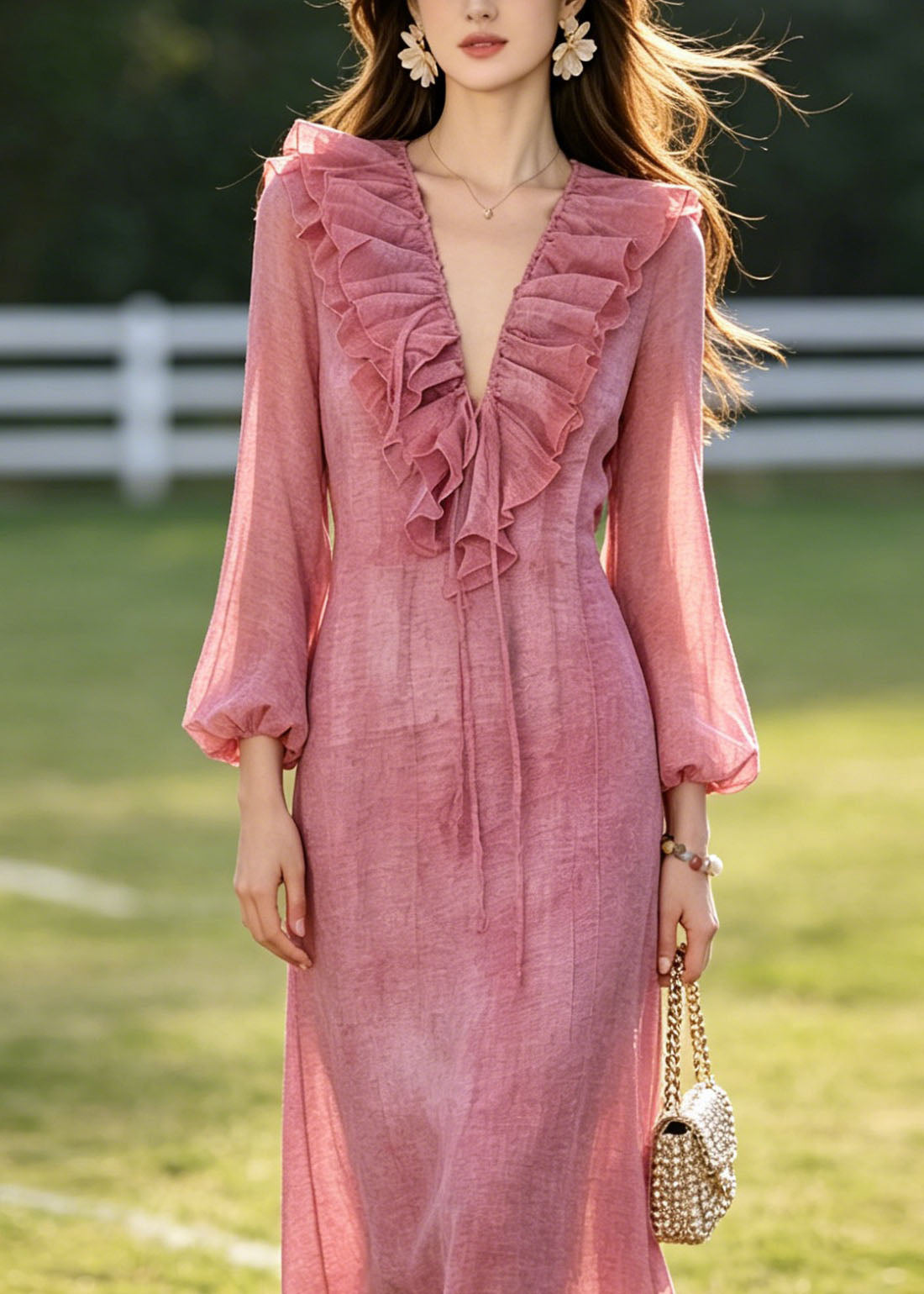 French Rose Ruffled Tie Dye Chiffon Dresses Summer 2