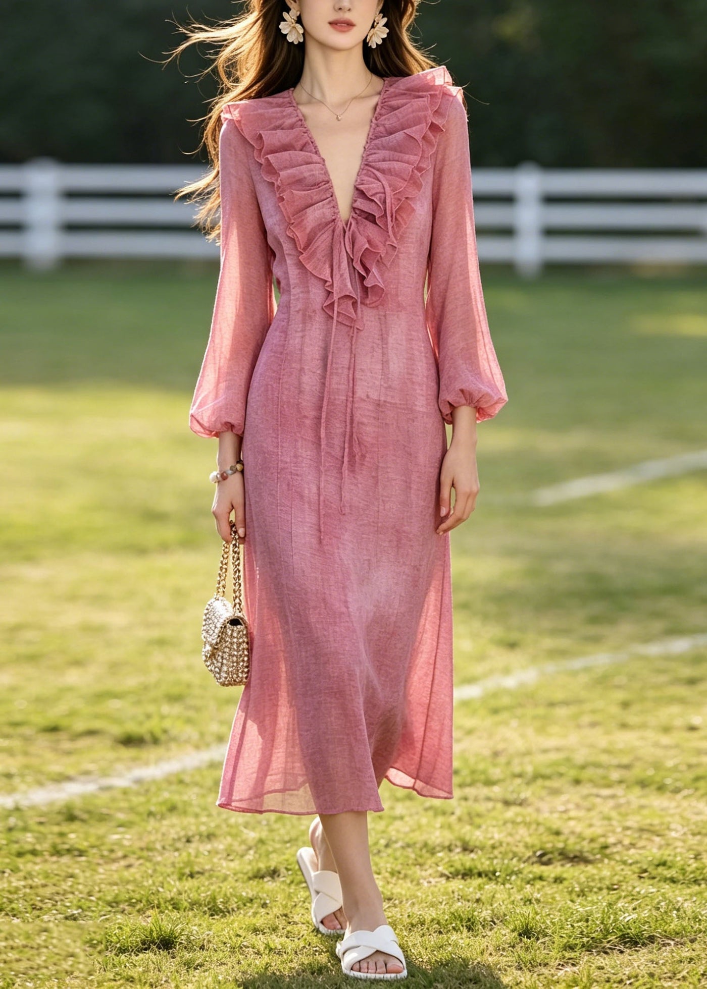 French Rose Ruffled Tie Dye Chiffon Dresses Summer 3