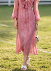 French Rose Ruffled Tie Dye Chiffon Dresses Summer 4