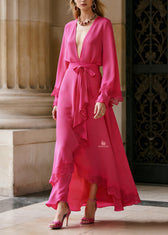 French Rose V Neck Lace Patchwork Silk Maxi Dress Spring