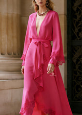 French Rose V Neck Lace Patchwork Silk Maxi Dress Spring 2