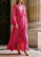 French Rose V Neck Lace Patchwork Silk Maxi Dress Spring 3