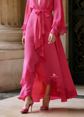 French Rose V Neck Lace Patchwork Silk Maxi Dress Spring 4