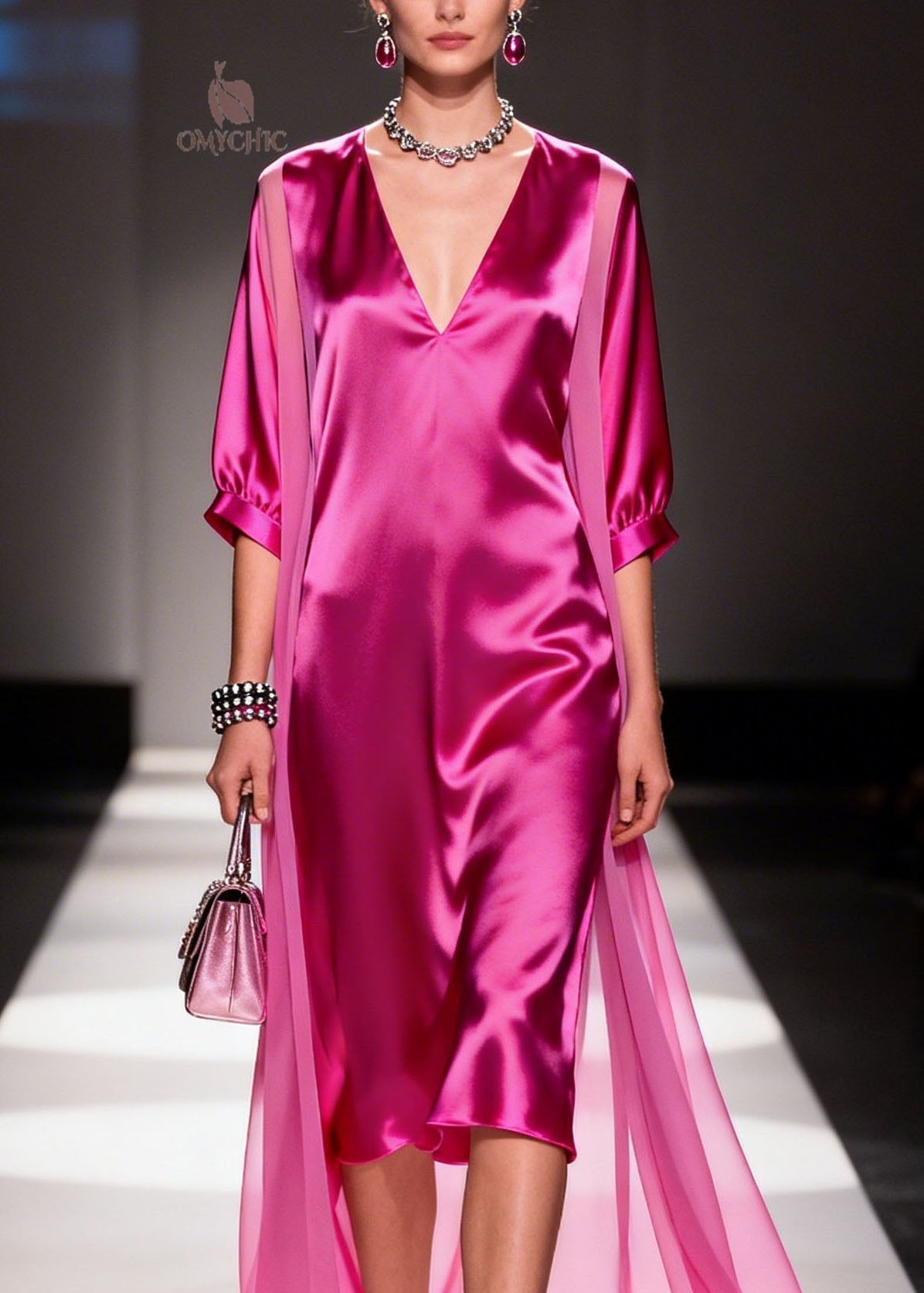 Satin Deep V-Neck Puff Sleeve Midi Dress Sheer Floor Length Cape Two Piece Set