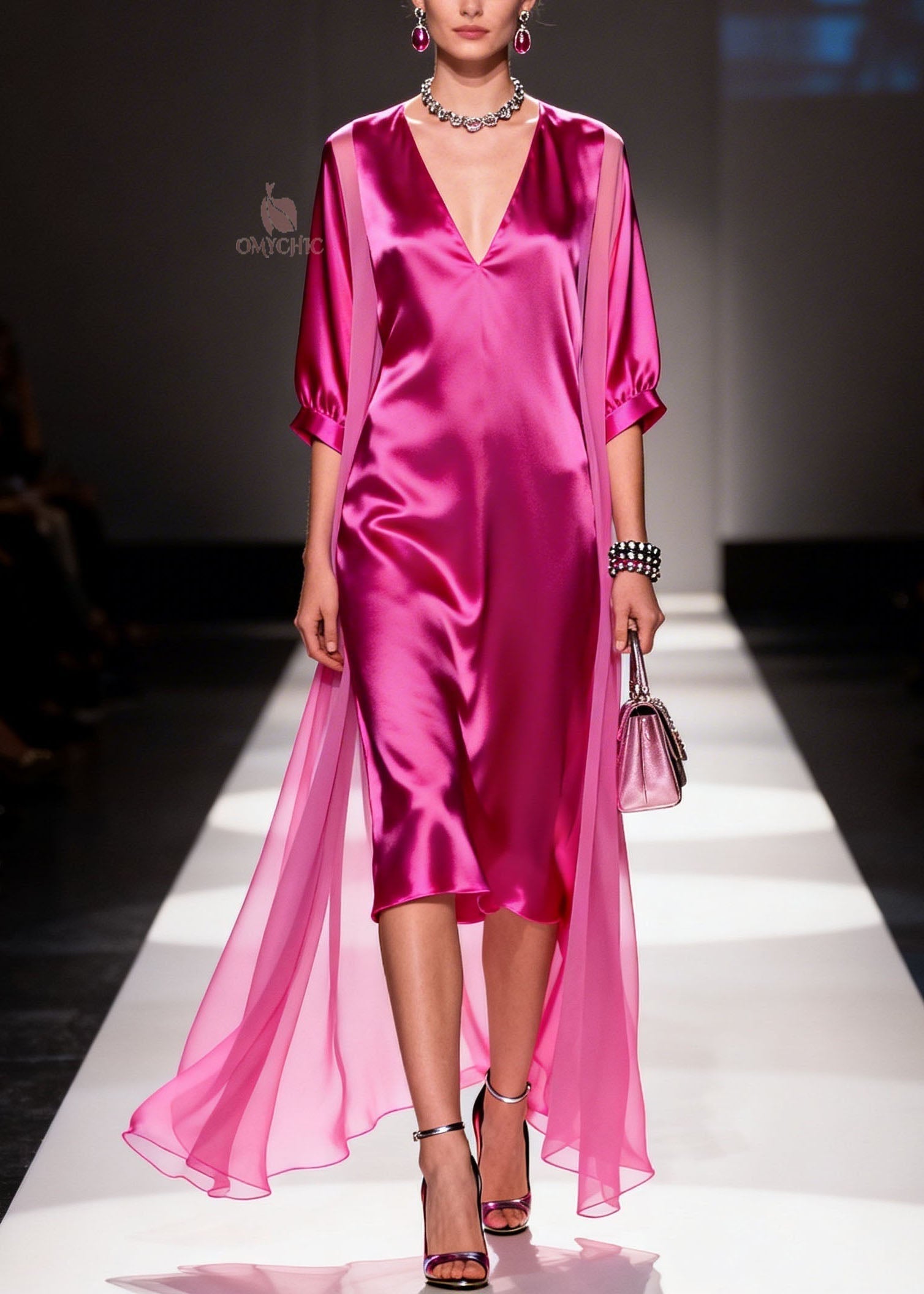 Satin Deep V-Neck Puff Sleeve Midi Dress Sheer Floor Length Cape Two Piece Set