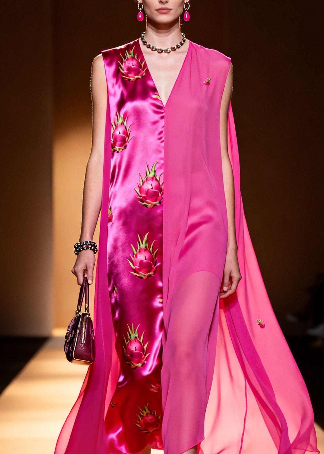 Satin Sleeveless V-Neck Cape Panel Dragon Fruit Print Maxi Gown