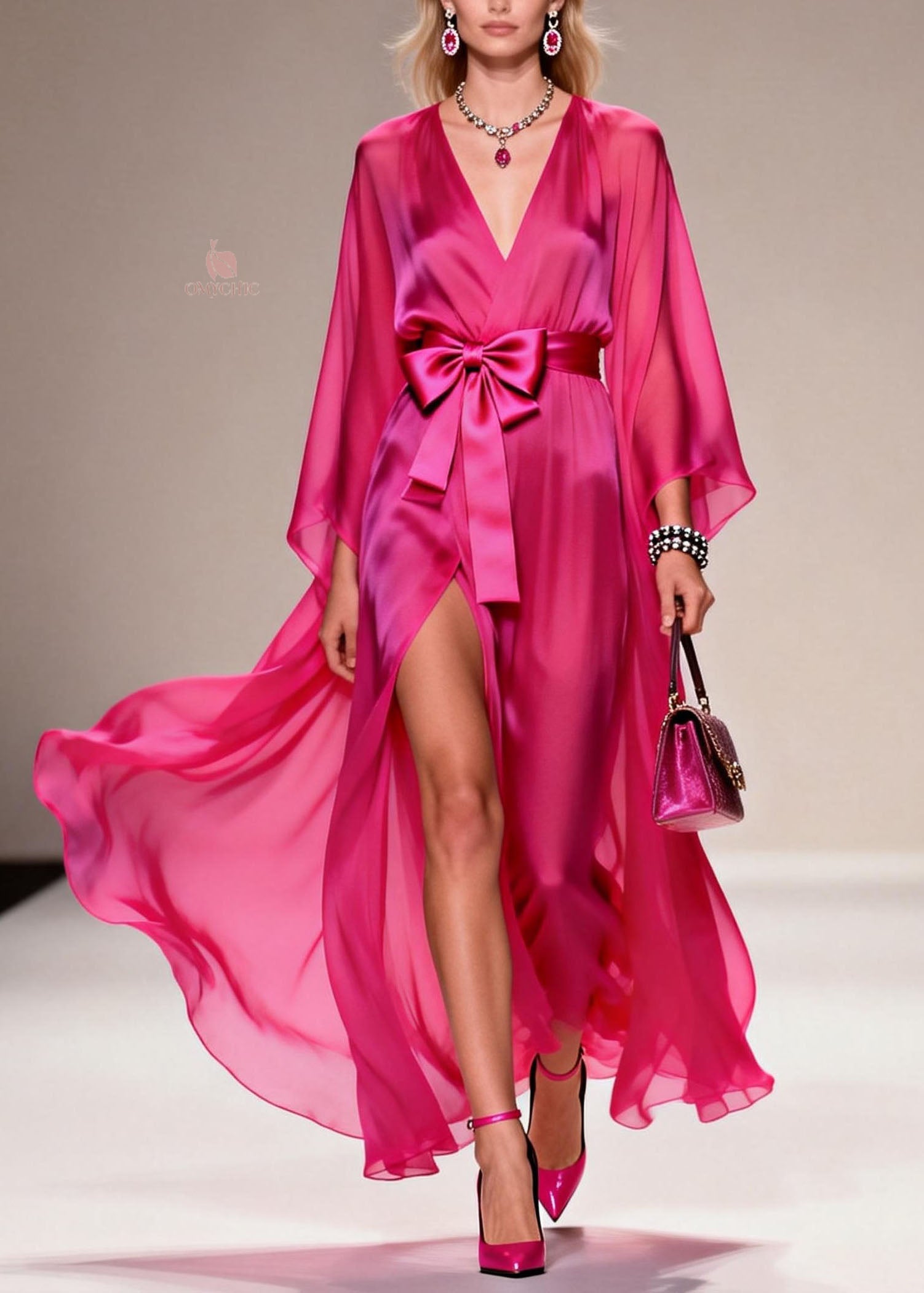 Chiffon Deep V-Neck Cape Sleeve Bow Belt High Split Wrap Maxi Gown
