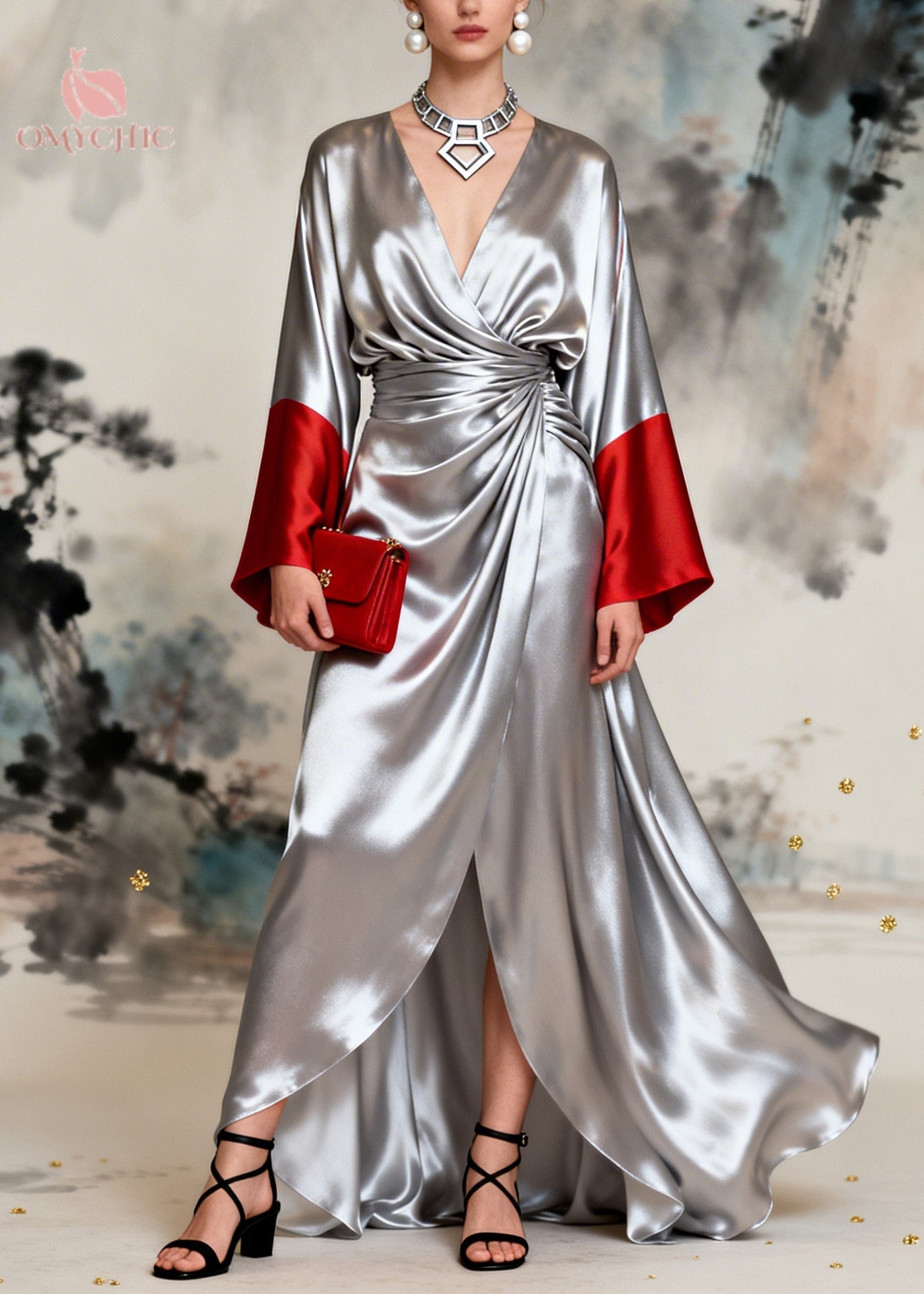 Satin Deep V-Neck Bell Sleeve Wrap Draped High Split Maxi Gown