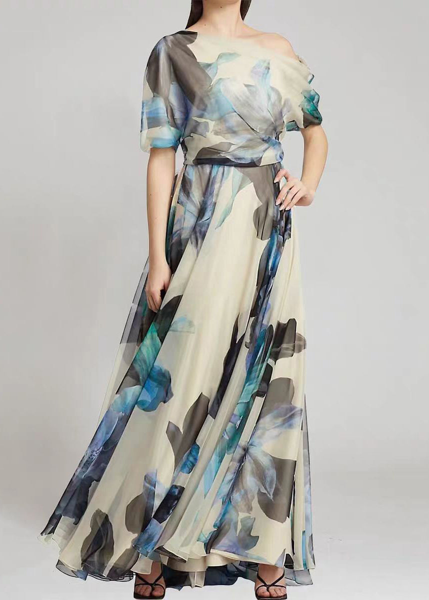 Chiffon One Shoulder Puff Sleeve Belted Floral Print Maxi Gown