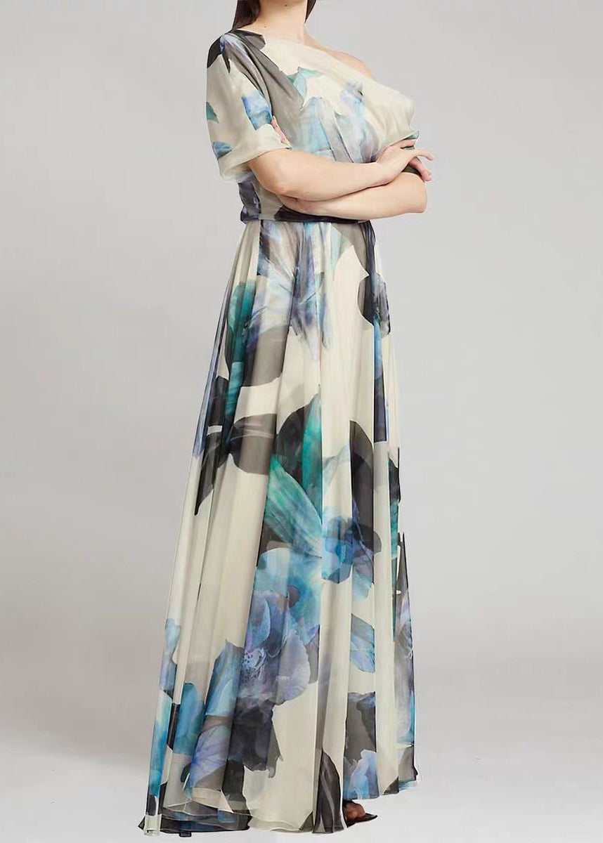 Chiffon One Shoulder Puff Sleeve Belted Floral Print Maxi Gown