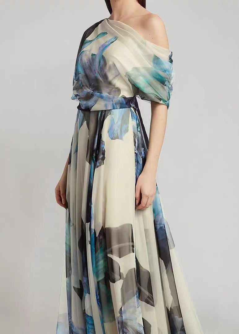 Chiffon One Shoulder Puff Sleeve Belted Floral Print Maxi Gown