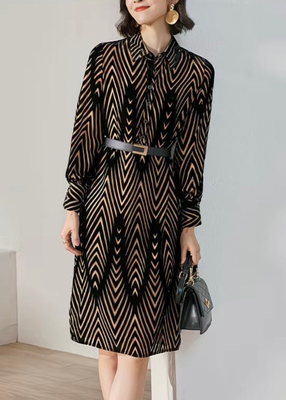 Geometric Chevron Burnout Velvet Long Sleeve Shirt Dress