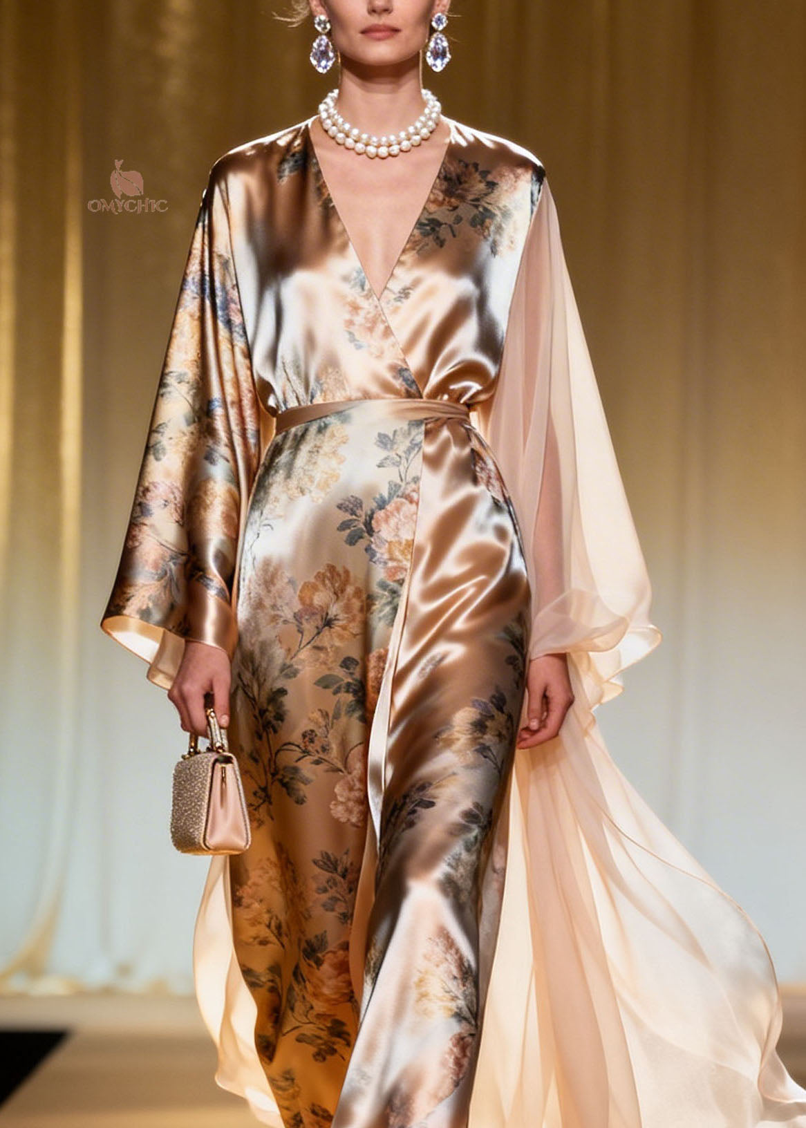 Floral Print Wrap V-Neck Kimono Sleeve Sheer Train Cape Overlay Maxi Gown