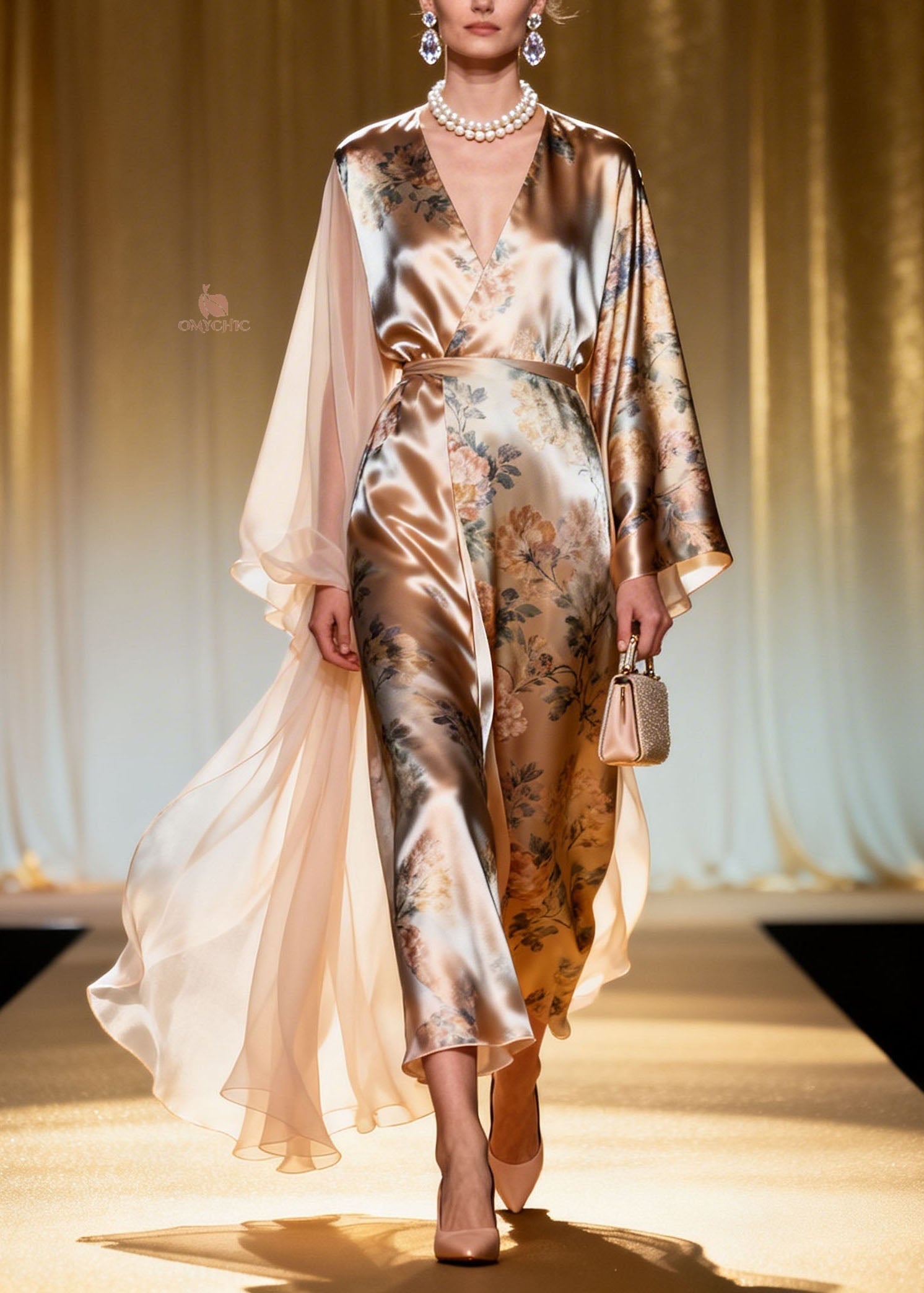 Floral Print Wrap V-Neck Kimono Sleeve Sheer Train Cape Overlay Maxi Gown